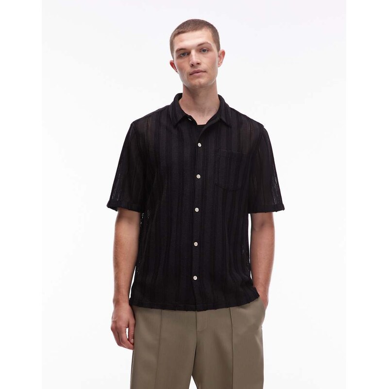 Allsaints Sylvan sheer stripe shirt in black - BLACK