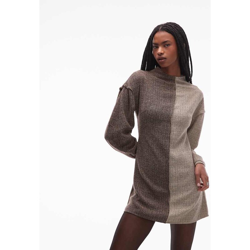 ASOS DESIGN long sleeve tweed mini dress in contrast brown
