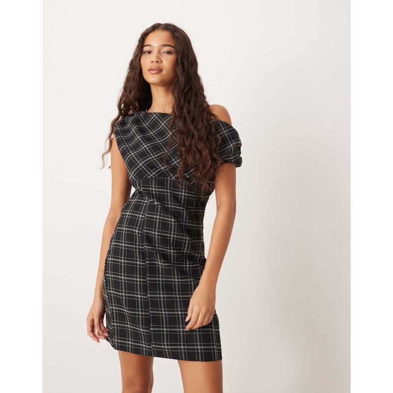 ASOS DESIGN fallen shoulder mini dress in black and white check