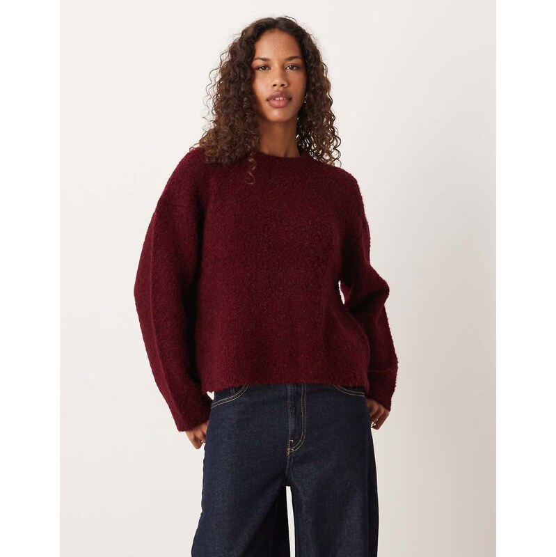 ASOS DESIGN boxy boucle crew neck jumper in burgundy-Red