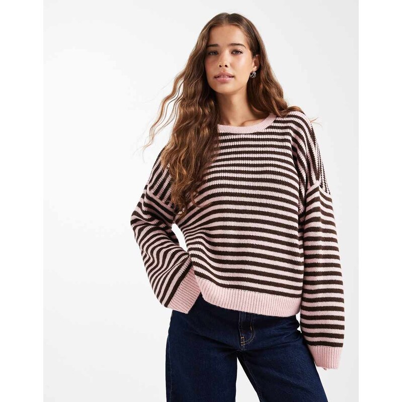 ASOS DESIGN oversized jumper in chocolate and pink stripe-Multi