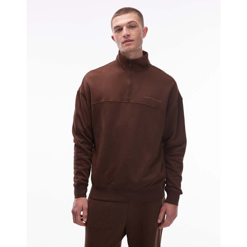 Tommy Hilfiger small logo half zip sweatshirt in brown