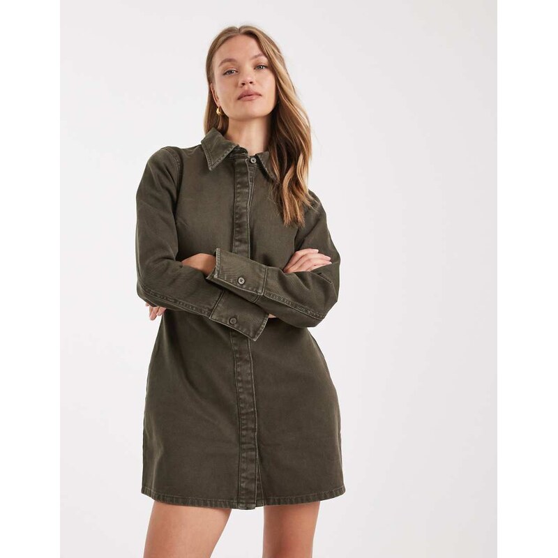 ASOS DESIGN denim shirt dress with cinch back detail in khaki