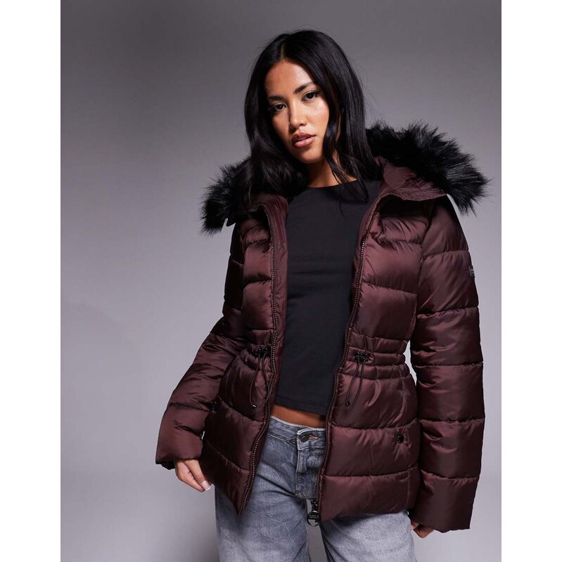 Barbour International Cher belted puffer jacket with faux fur in 109614843