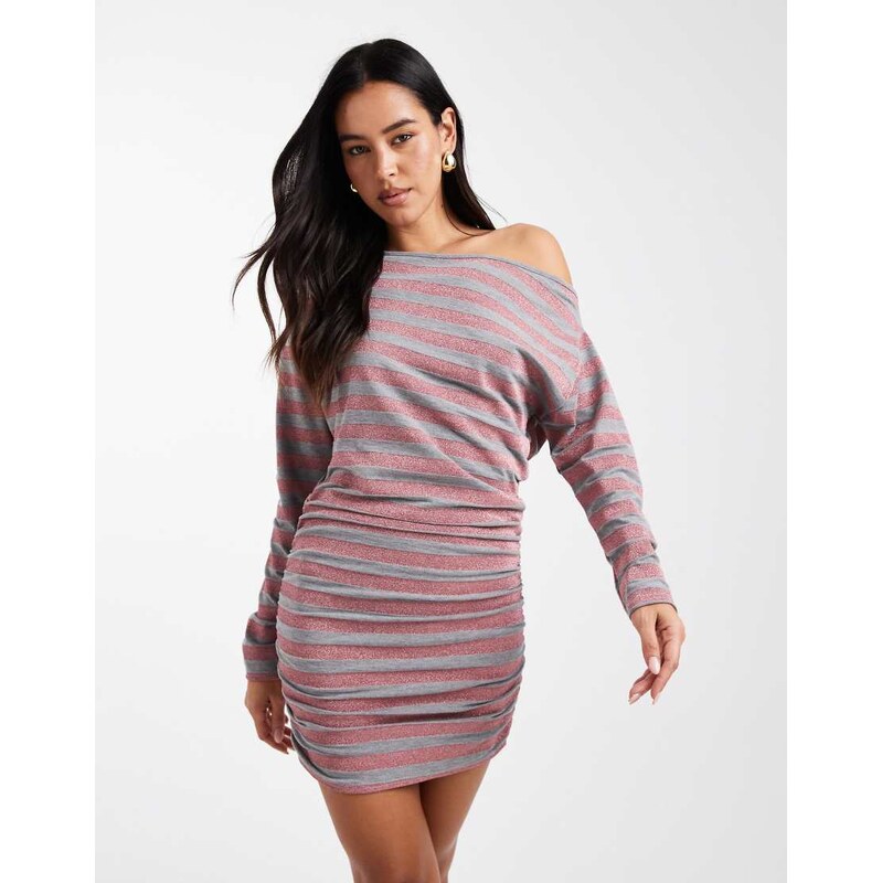 COLLUSION stripe off-shoulder dress in pink glitter stripe-Multi 109376573