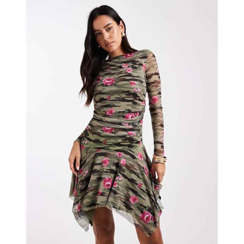 COLLUSION slinky rose printed asymmetric mini dress-Multi