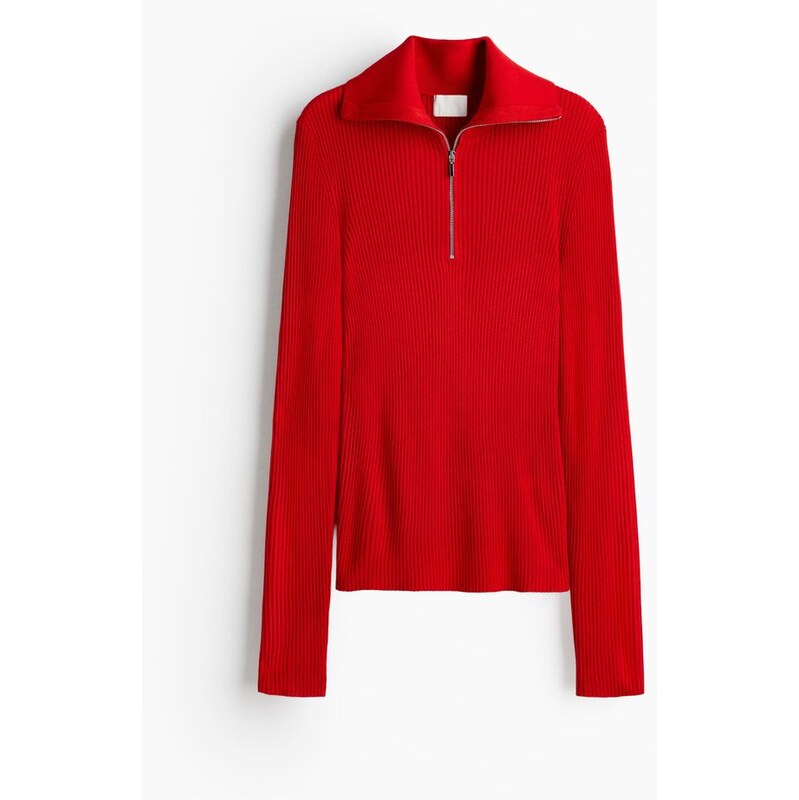 H&M - Top z žebrovaného úpletus horním zipem - Červená