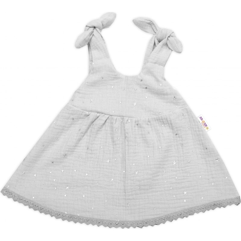 Baby Nellys Letní lehoučké mušelínové šaty Summer Stars - šedé 99059345