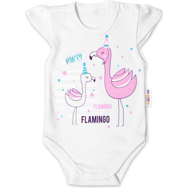 Baby Nellys Bavlněné kojenecké body, kr. rukáv, Flamingo - bílé 99062279