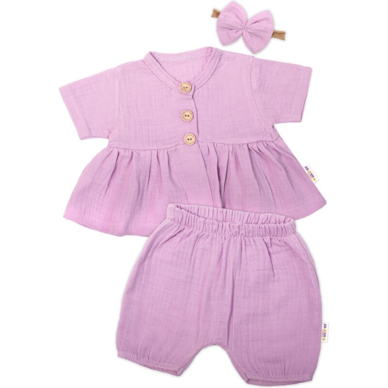 Baby Nellys 3-dílná mušelínová soupravička, tunika/halenka, kraťasky, 99062337