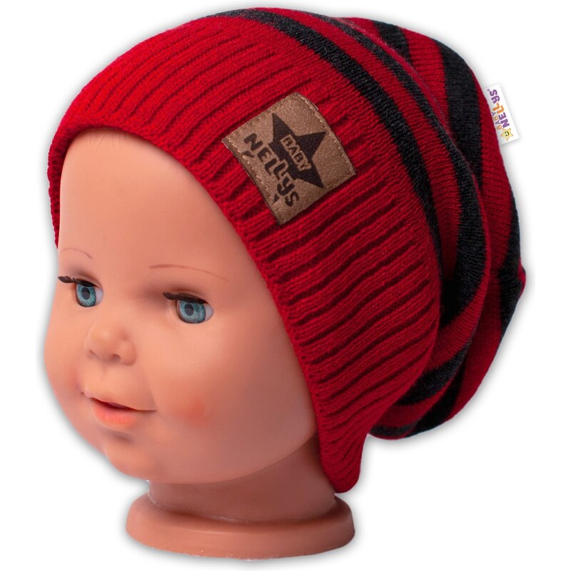 Baby Nellys Podzimní/zimní proužkovaná čepice - červená/grafit 99844640
