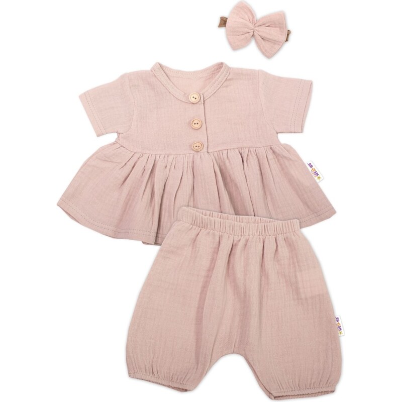 Baby Nellys 3-dílná mušelínová soupravička, tunika/halenka, kraťasky, 99890267