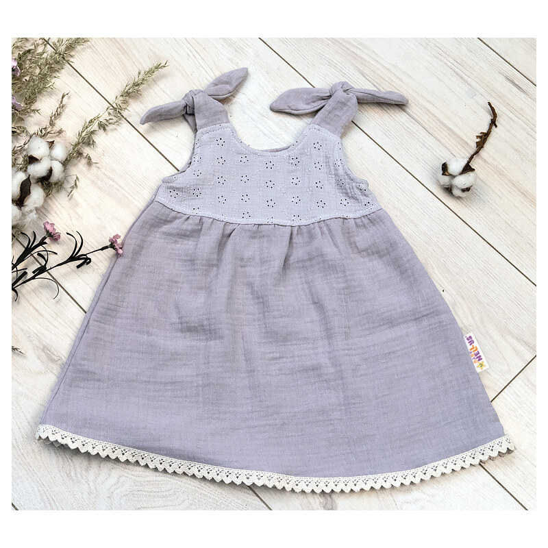 Baby Nellys Letní lehoučké mušelínové šaty Summer - šedé 99927396