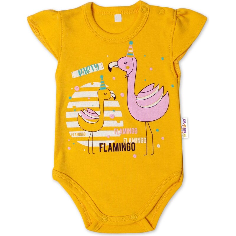 Baby Nellys Bavlněné kojenecké body, kr. rukáv, Flamingo - hořčicové 99890556