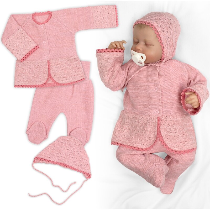 Baby Nellys Luxusní pletená sada, kabátek, polodupačky a čepice, 3D - 109335612