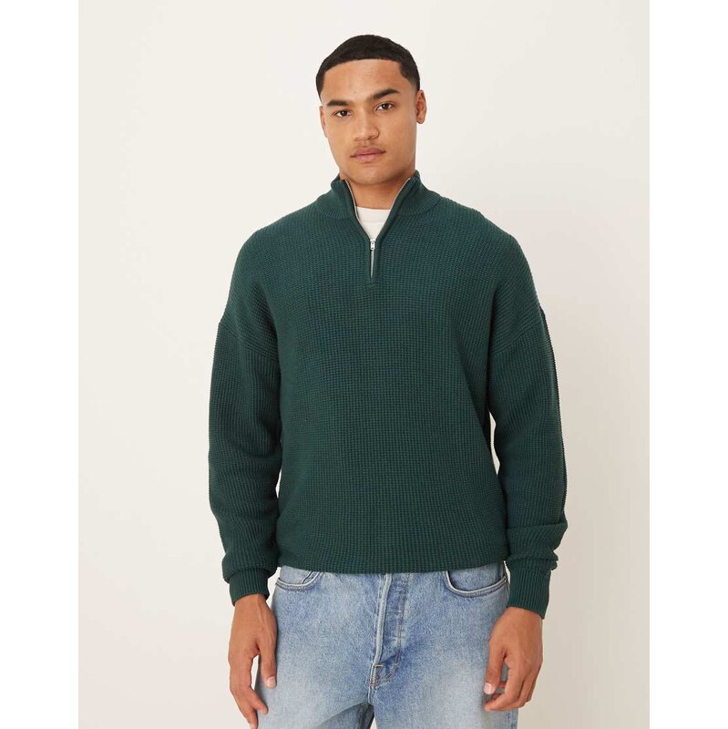ASOS DESIGN relaxed knitted pique funnel neck jumper in dark green