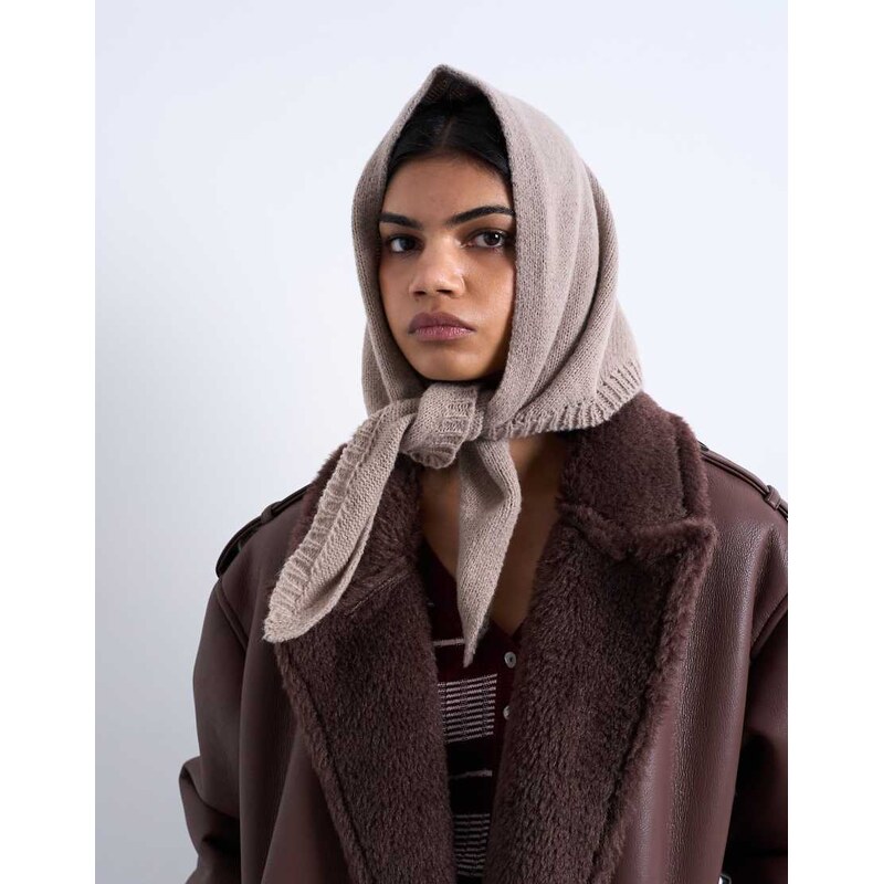Topshop Heidi hooded scarf in taupe-Neutral