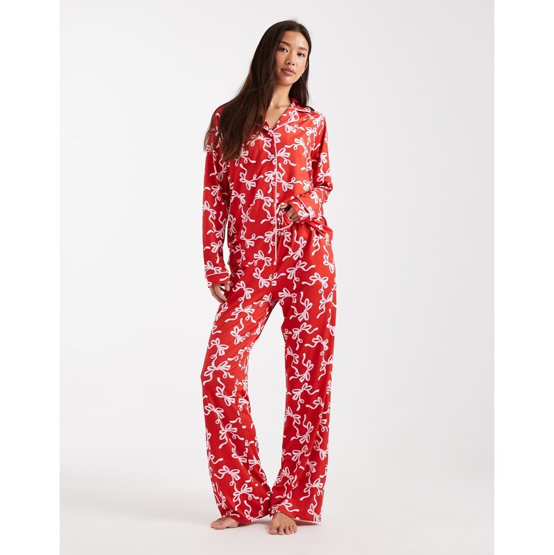 Threadbare long sleeve pyjamas in red with bow print