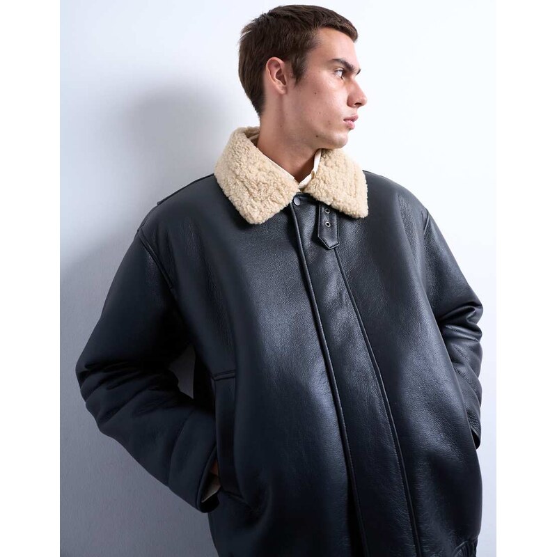 Topman faux leather bomber jacket with shearling collar in black