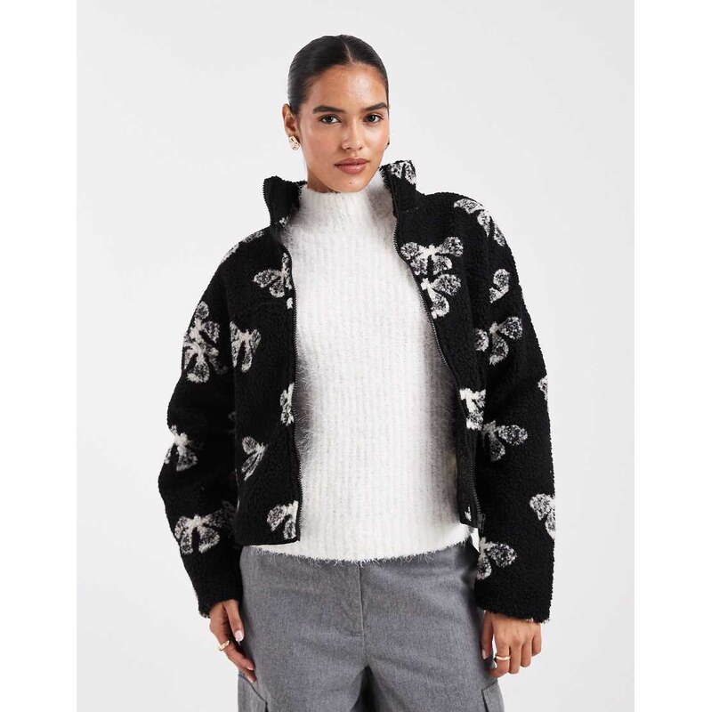 Brave Soul bow print full zip fleece in black and cream 109336699
