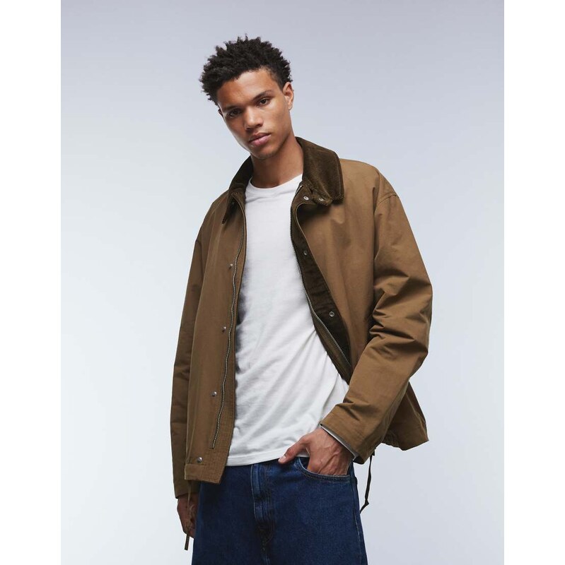 ASOS DESIGN harrington jacket with cord collar in khaki-Neutral