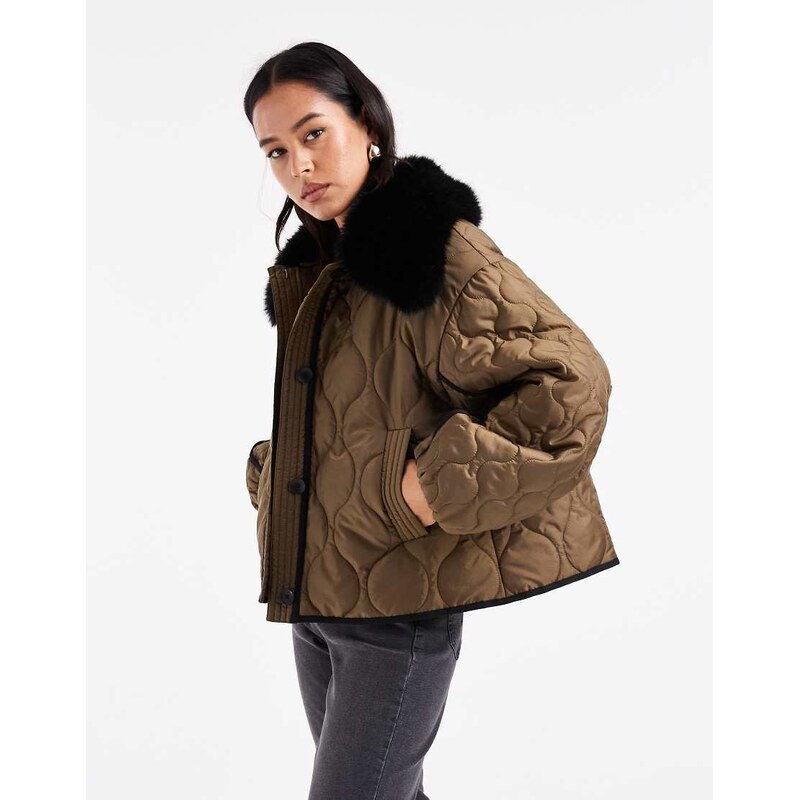 ASOS DESIGN quilted hybrid borg collarless jacket in khaki-Green
