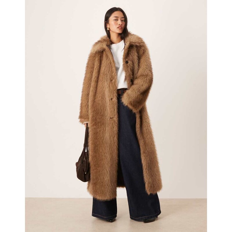 ASOS DESIGN longline tipped faux fur car coat in brown