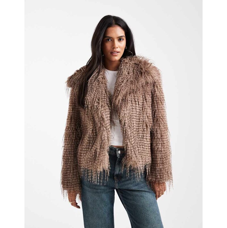 ASOS DESIGN short faux fur jacket in taupe-Brown