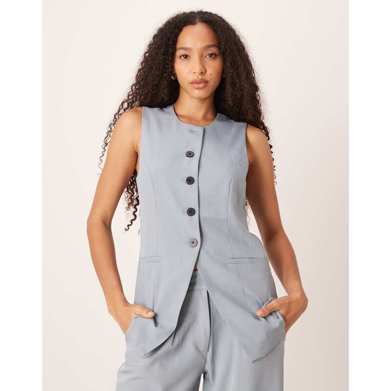 JDY longline button through waistcoat co-ord in dusty blue 115428937