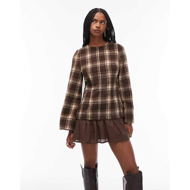 ASOS DESIGN hybrid dropped waist mini dress in chocolate check-Multi