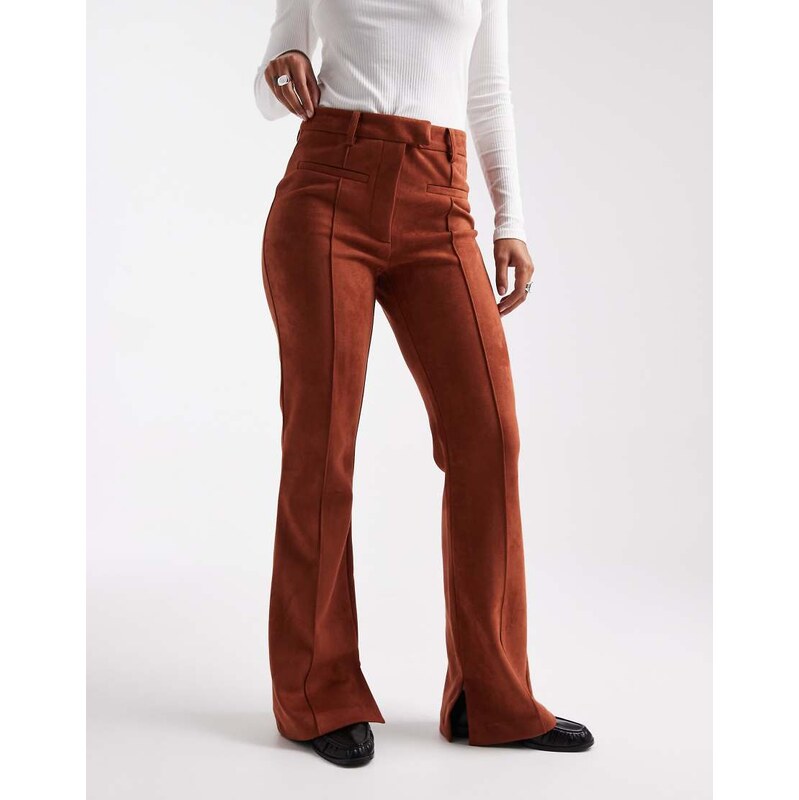 ASOS DESIGN suedette patch pocket flare trousers in brown