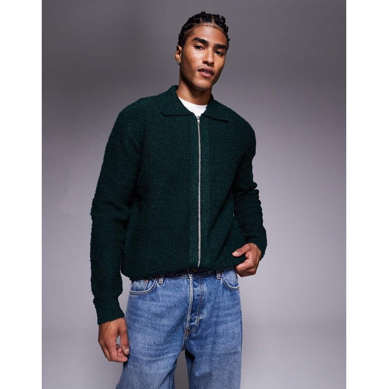 ASOS DESIGN relaxed knitted boucle zip through cardigan in dark