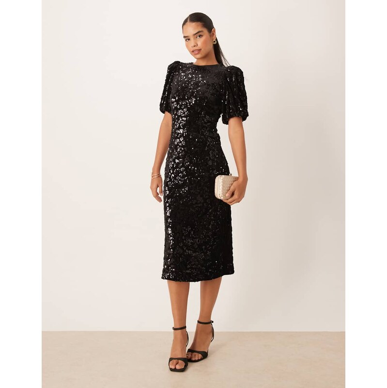 YAS puff sleeve sequin midi dress in black