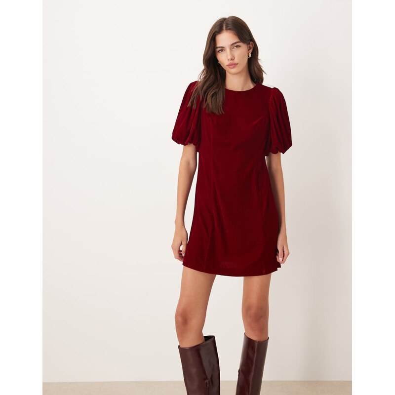 Nobodys Child Boston velvet puff sleeve mini dress in red 109336903