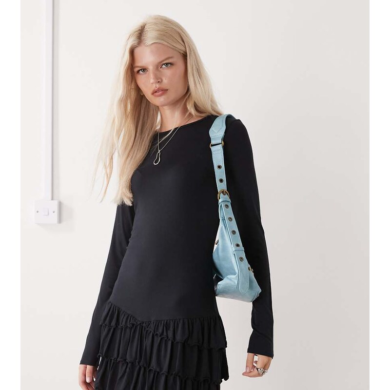 COLLUSION ruffle mini dress with long sleeve-Black
