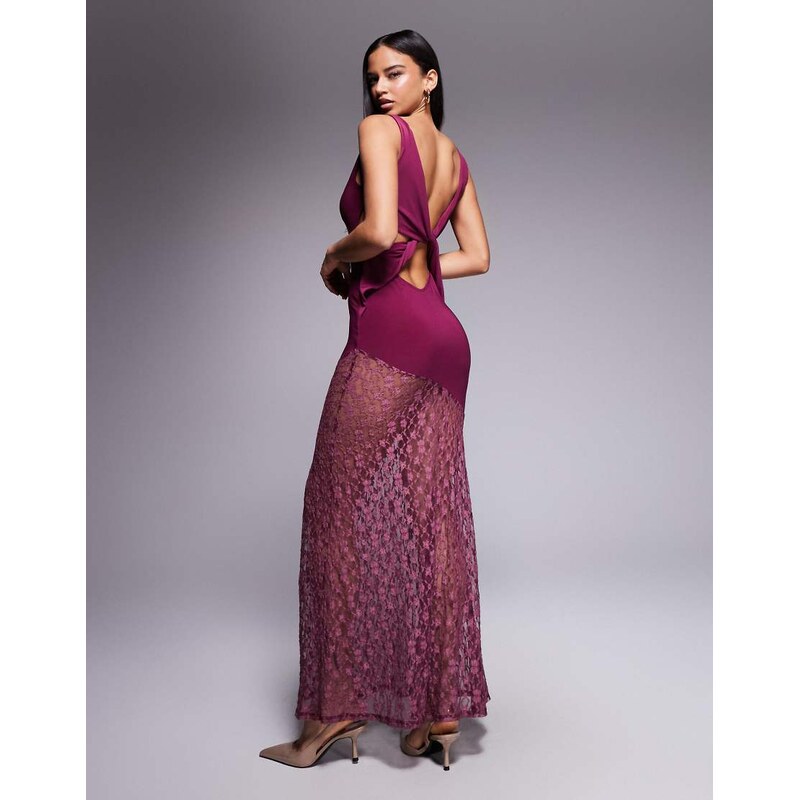 ASOS DESIGN lace mix slinky plunge maxi dress in plum-Purple