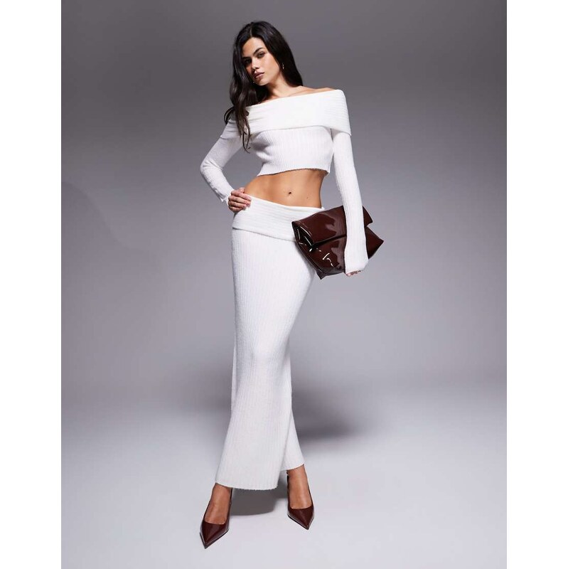 Aria Cove knitted low waist fold over maxi skirt co-ord in cream