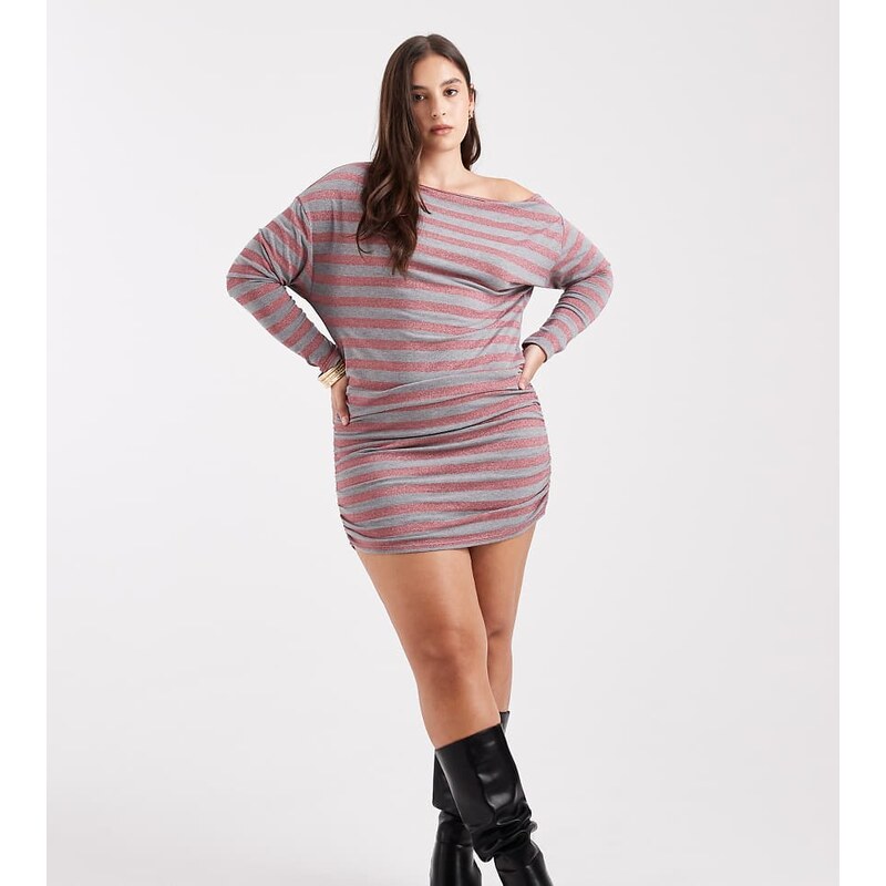 COLLUSION Plus stripe off-shoulder dress in pink glitter stripe-Multi 109518411