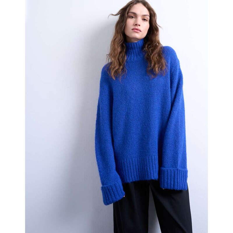 Topshop knitted oversized funnel neck longline jumper with neck detail 109338871