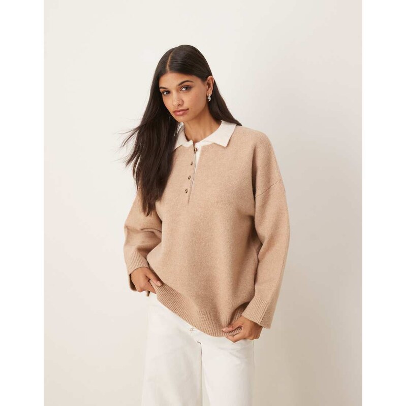 ASOS DESIGN knitted compact polo shirt in oatmeal-White