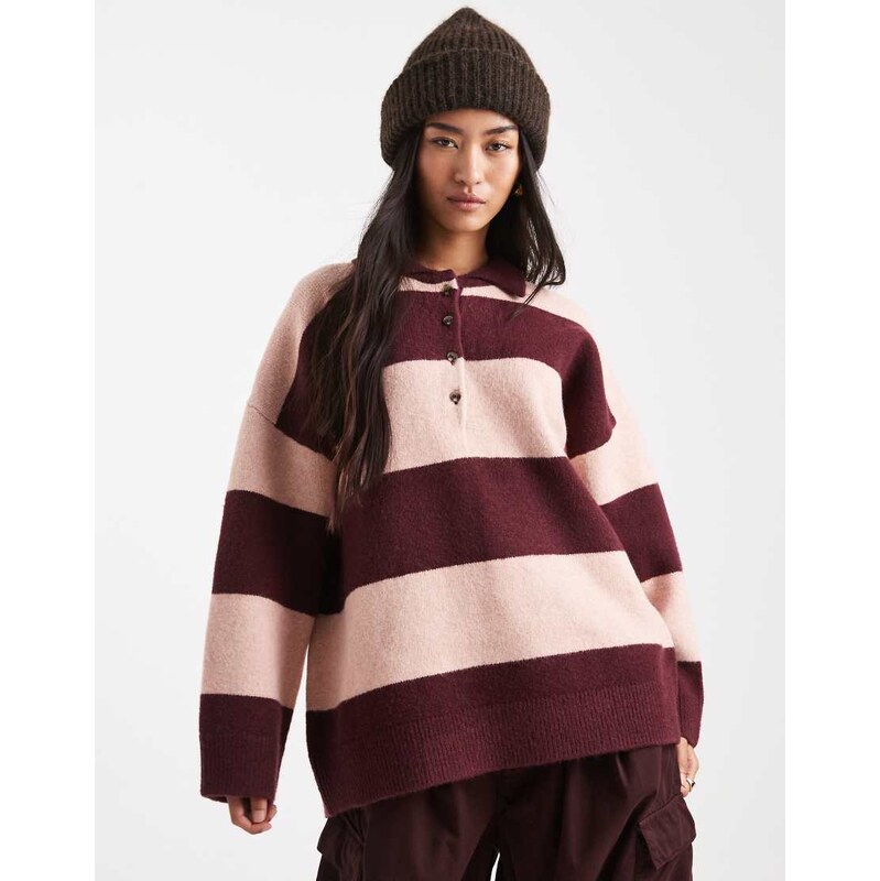 ASOS DESIGN knitted compact polo shirt in burgundy & pink stripe-Red 115512312