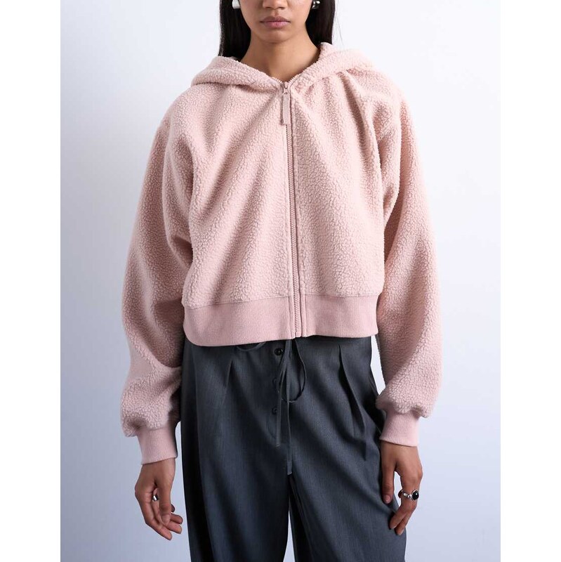 Topshop borg zip through hoodie in pink 109585777