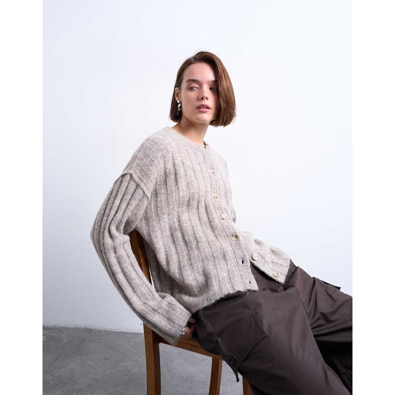 Topshop knitted wider rib cardigan in oat-Neutral