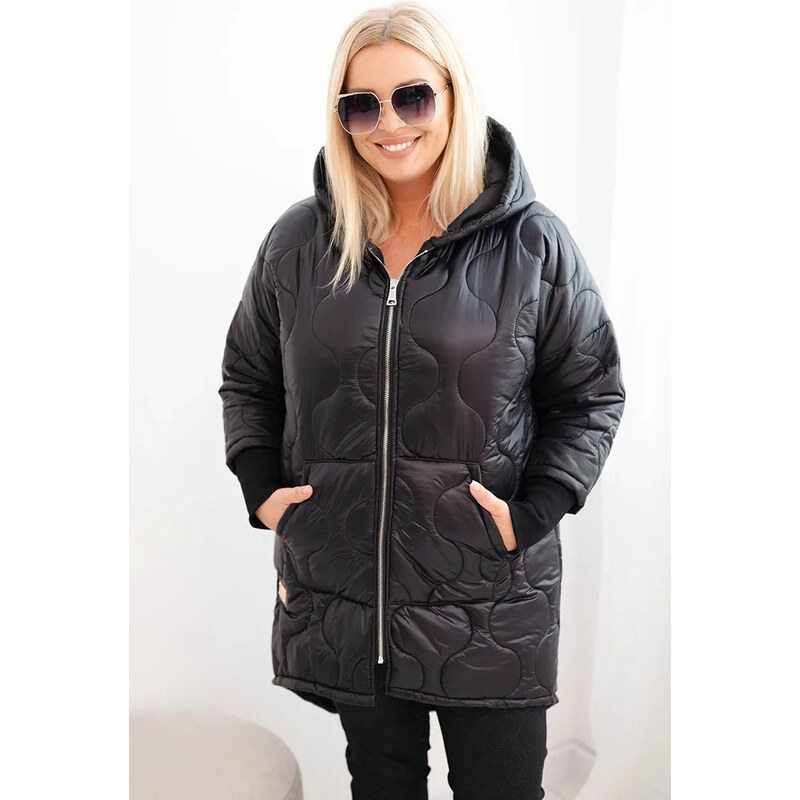 K-Fashion Dámská zimní bunda Plus Size prošívaná s kapucí černá