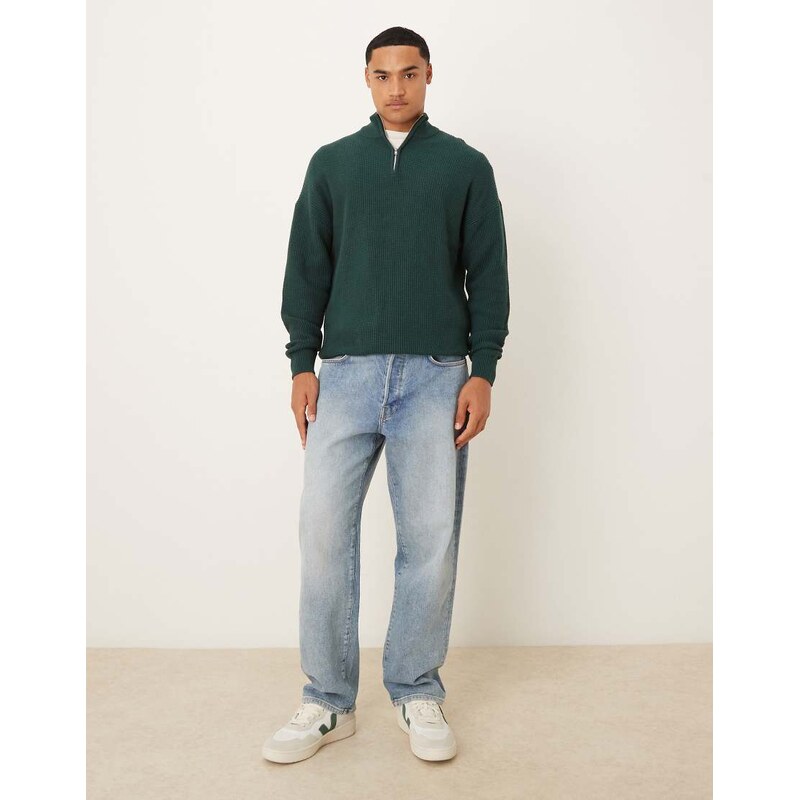 ASOS DESIGN relaxed knitted pique funnel neck jumper in dark green