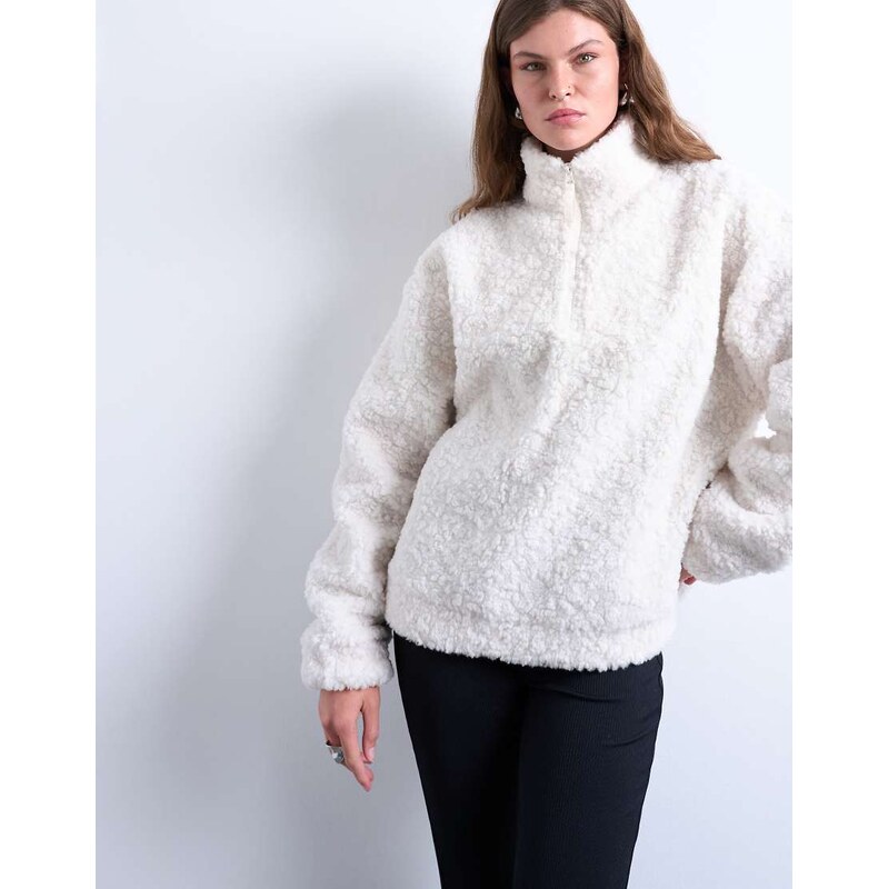 Topshop borg quarter zip top in ecru-White 113089037