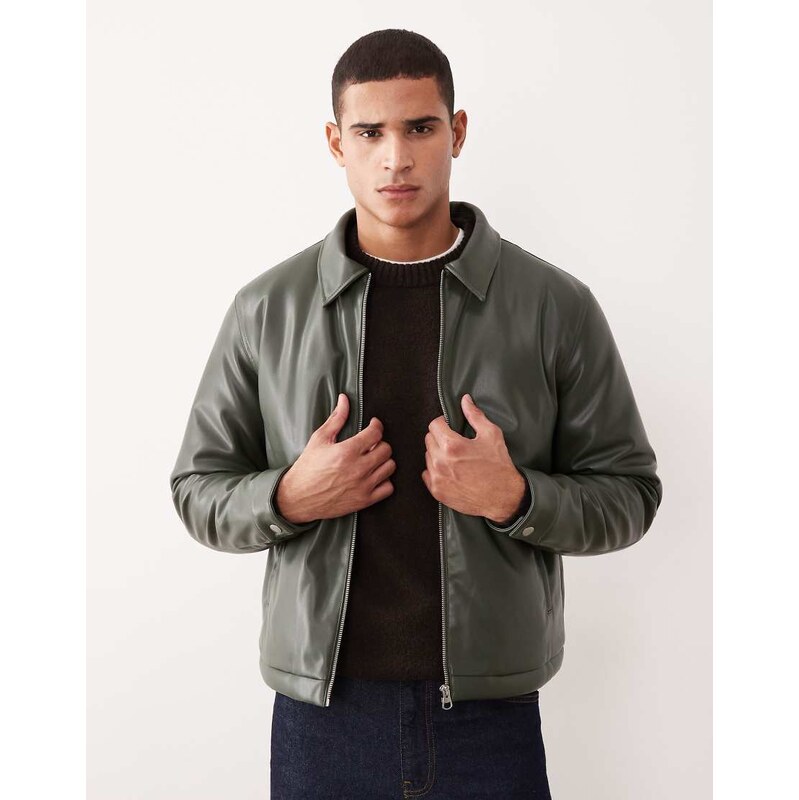 ASOS DESIGN faux leather harrington jacket in green-Navy