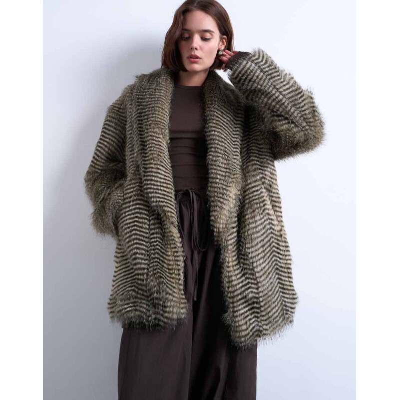 Topshop faux mono stripe shawl mid length coat in black