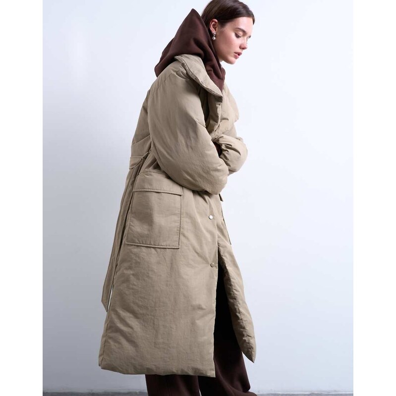 Topshop funnel neck longline belted puffer jacket in stone