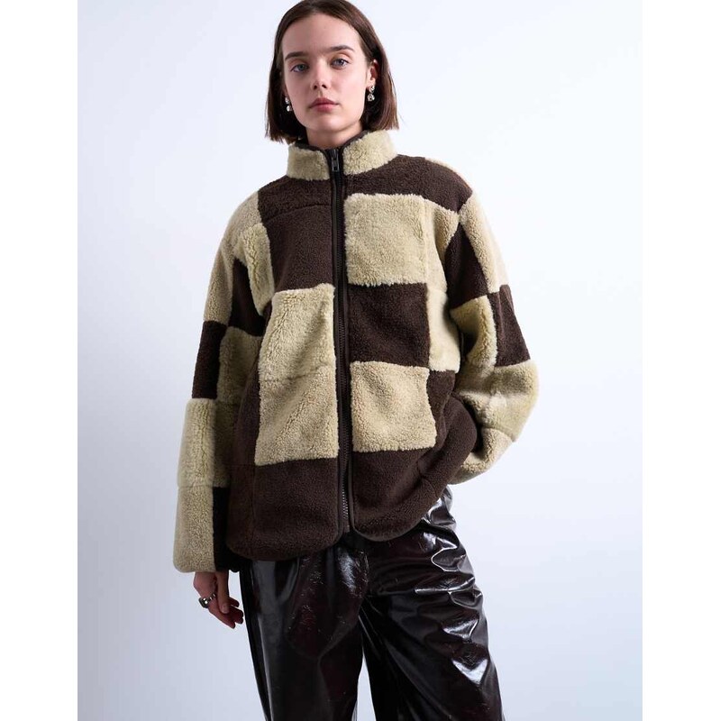 Topshop borg checkerboard fleece with quilted lining jacket in